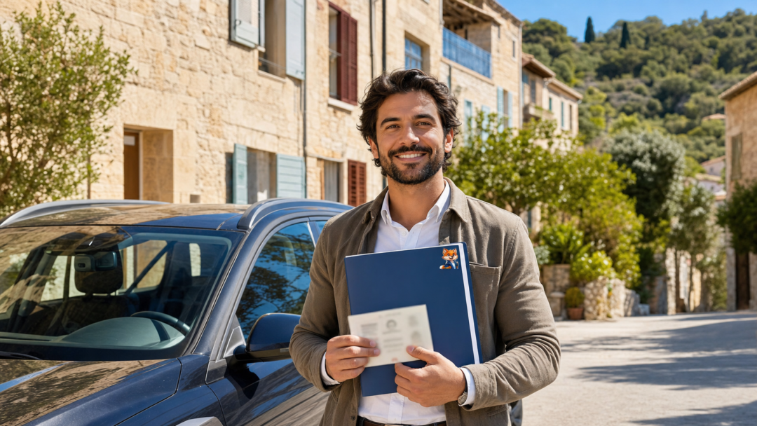 Image réaliste assurance auto permis étranger à Puéchabon avec présence discrète d’IZO