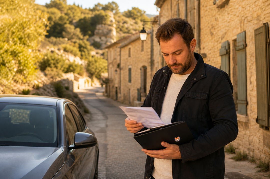 Image réaliste assurance auto provisoire à Puéchabon avec présence discrète d’IZO