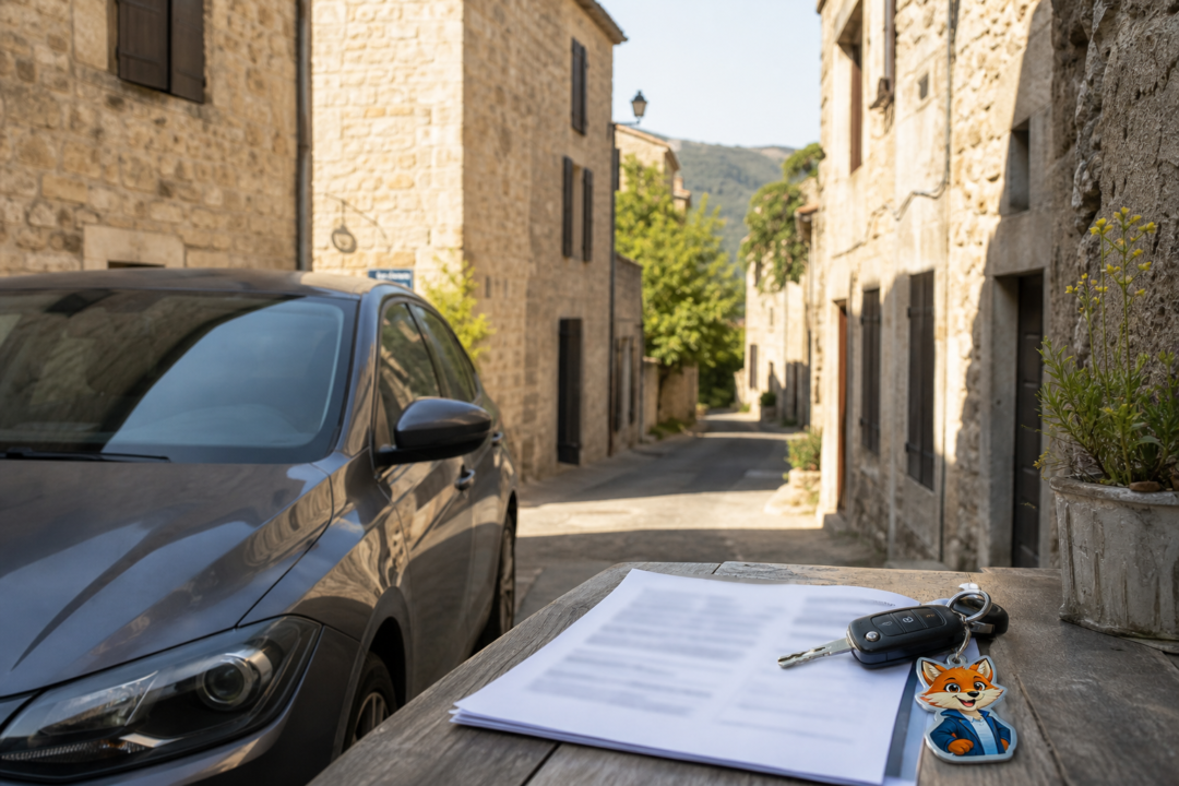 Image réaliste assurance auto provisoire à Saint-Jean-de-Fos avec présence discrète d’IZO
