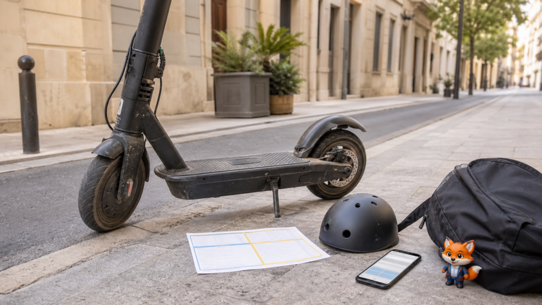 Trottinette électrique abîmée à Montpellier avec document d’assurance et présence discrète d’IZO, agent virtuel d’Izor.