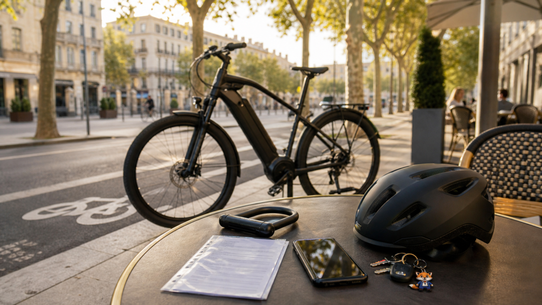Speed bike à Montpellier avec casque, antivol, dossier d’assurance et présence discrète d’IZO.