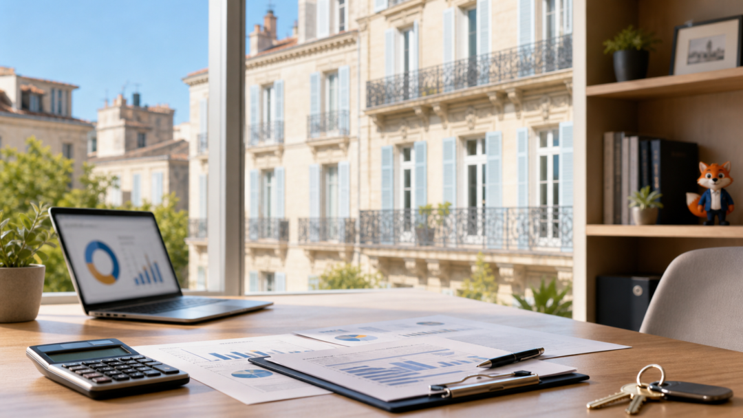 Simulation de prêt immobilier à Montpellier avec graphique de taux et présence discrète d’IZO, agent virtuel d’Izor.
