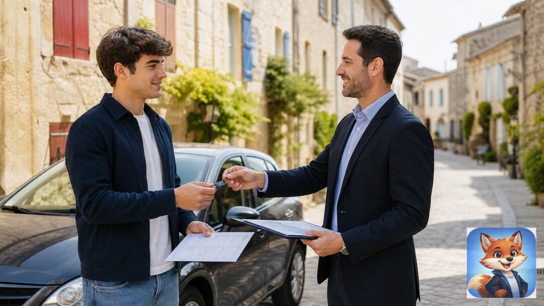 Assurance auto provisoire à Saint-Chinian : scène réaliste en France avec humains visibles et IZO discret