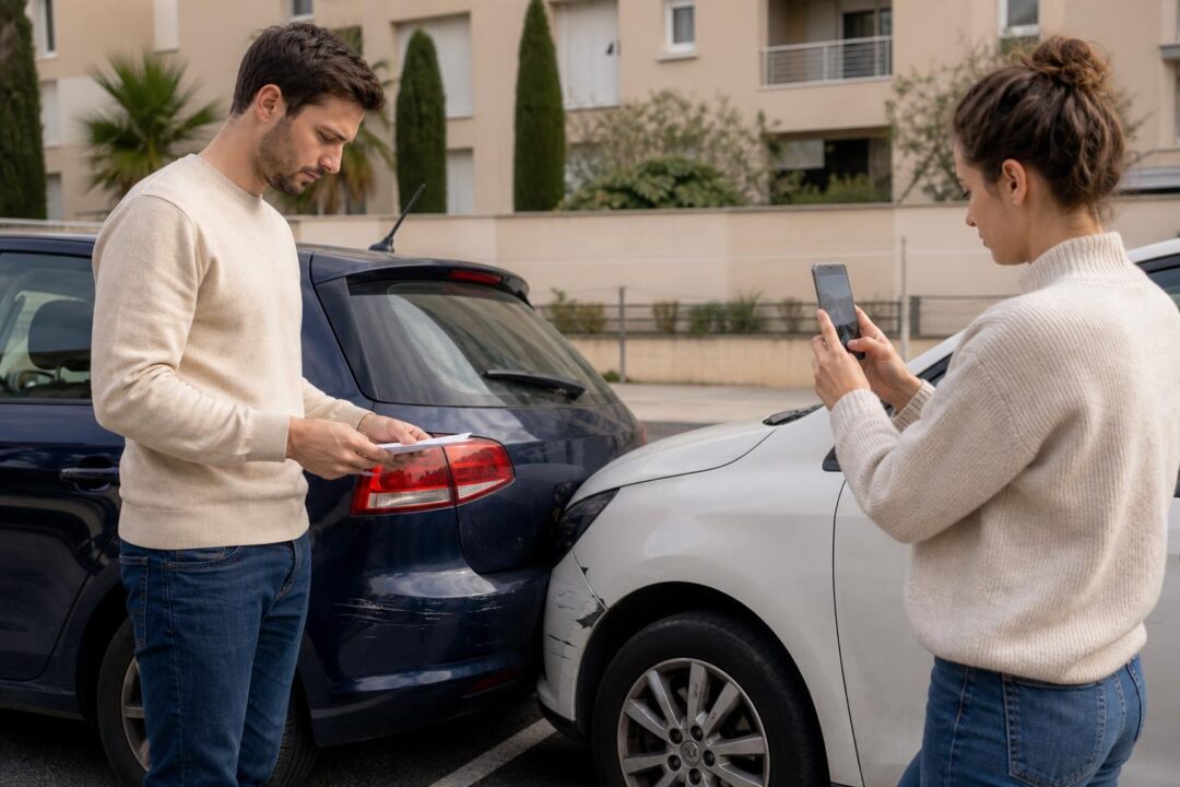 Couple à Montpellier vérifiant la franchise assurance auto après un accrochage
