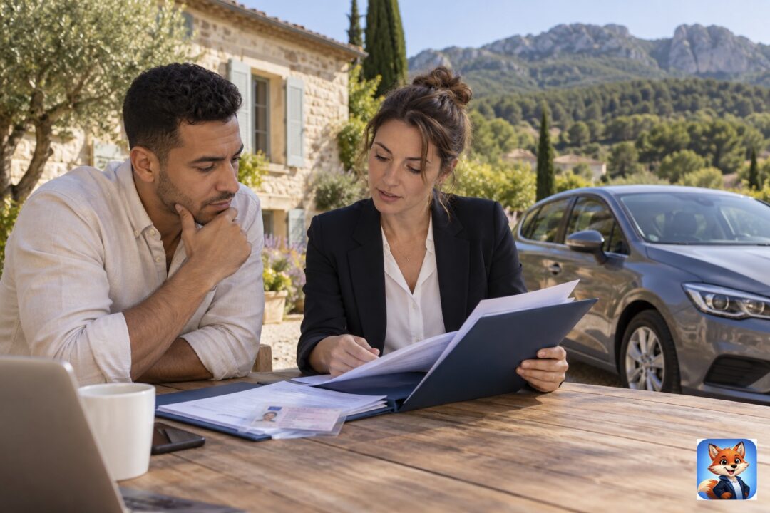 Conducteurs et conseiller examinant un dossier d’assurance automobile — agones permis