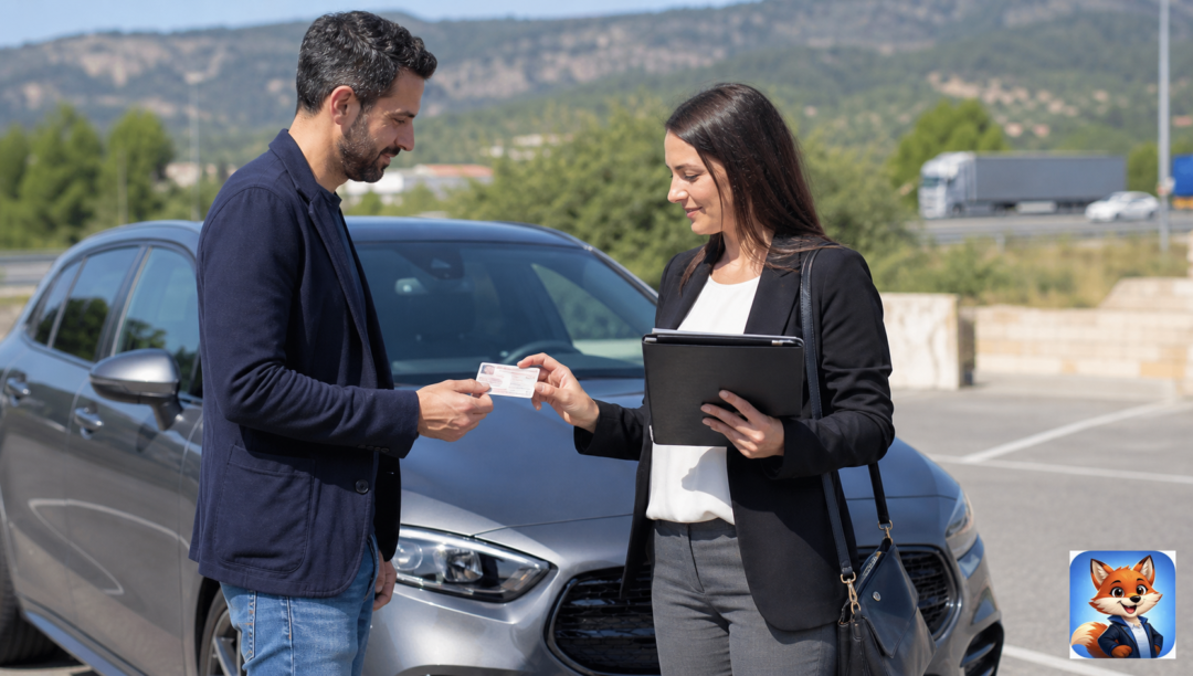 Assurance auto permis étranger Brignac : humains visibles, voiture et dossier assurance en contexte réaliste Hérault, IZO officiel discret