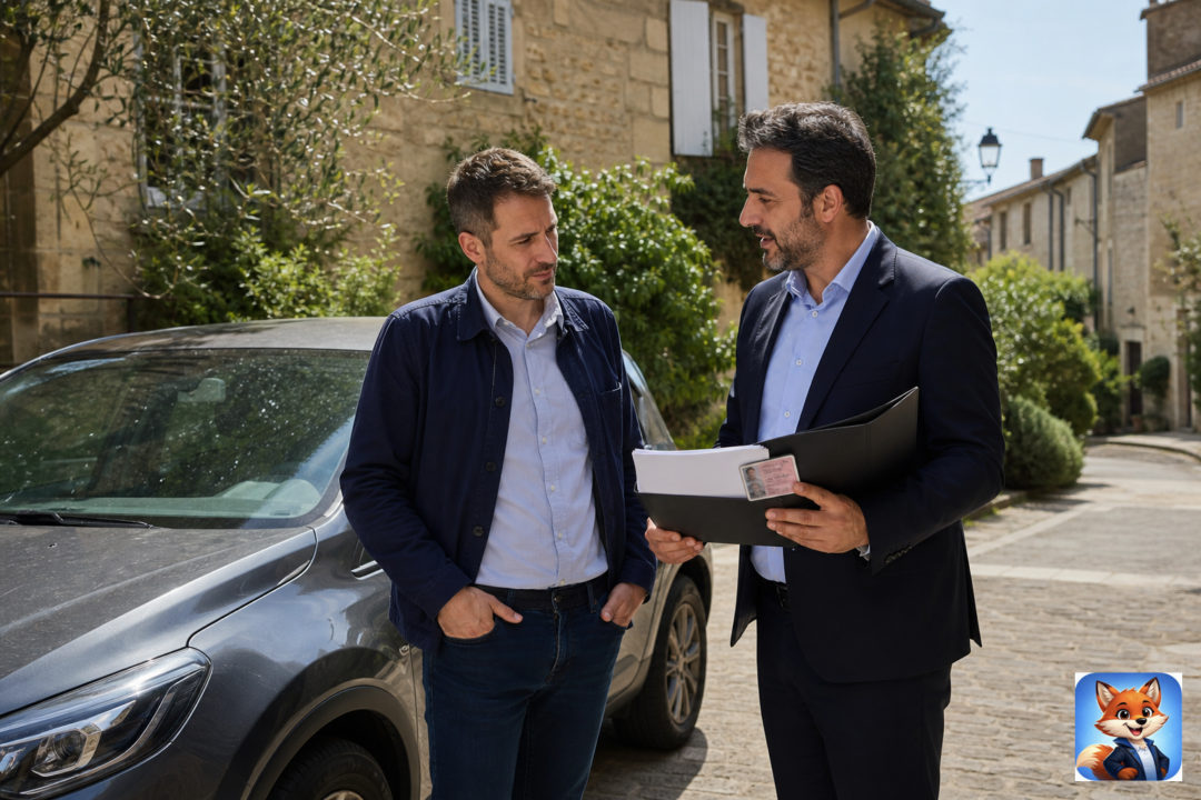 Assurance auto permis étranger Cazouls-d’Hérault : humains visibles, voiture et dossier assurance en contexte réaliste Hérault, IZO officiel discret