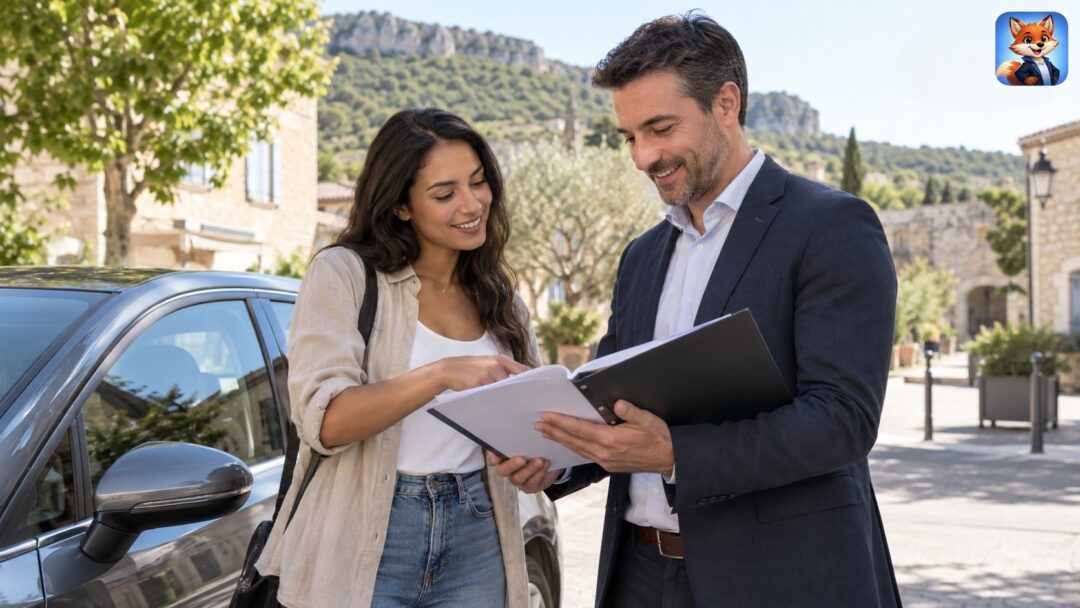 Conducteur et conseillère pour assurance auto permis étranger à Saint-Martin-de-Londres, avec IZO officiel discret.