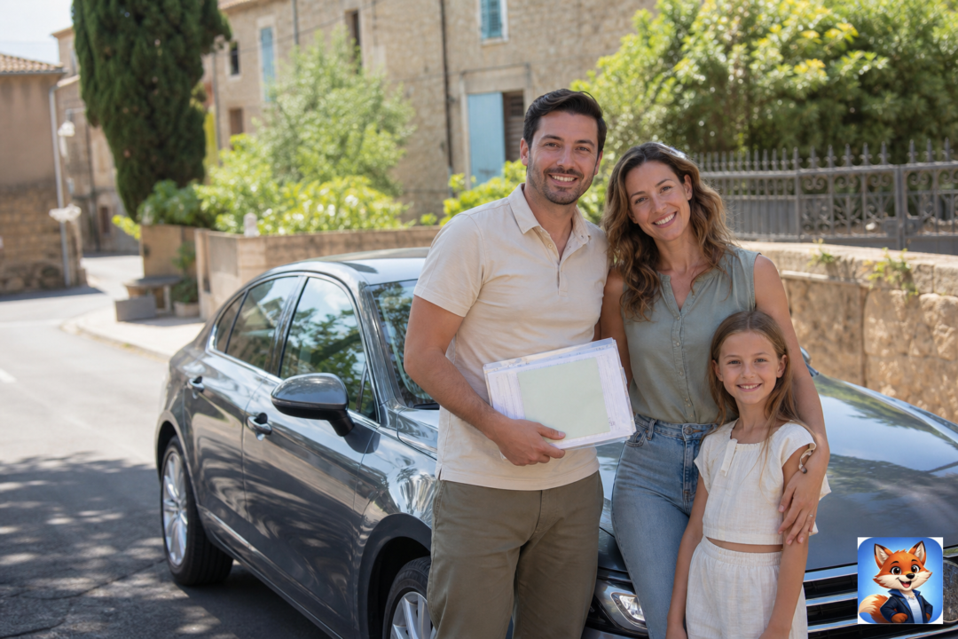 Assurance auto provisoire Brignac : humains visibles, voiture et dossier assurance en contexte réaliste Hérault, IZO officiel discret