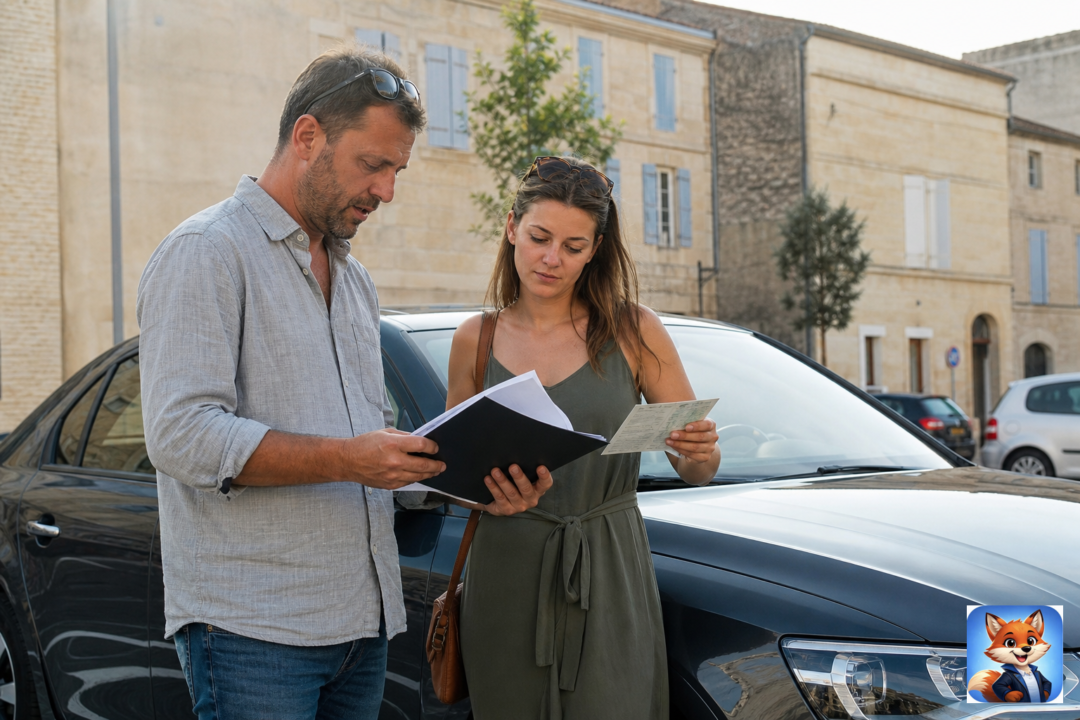 Assurance auto provisoire Cazouls-d’Hérault : humains visibles, voiture et dossier assurance en contexte réaliste Hérault, IZO officiel discret