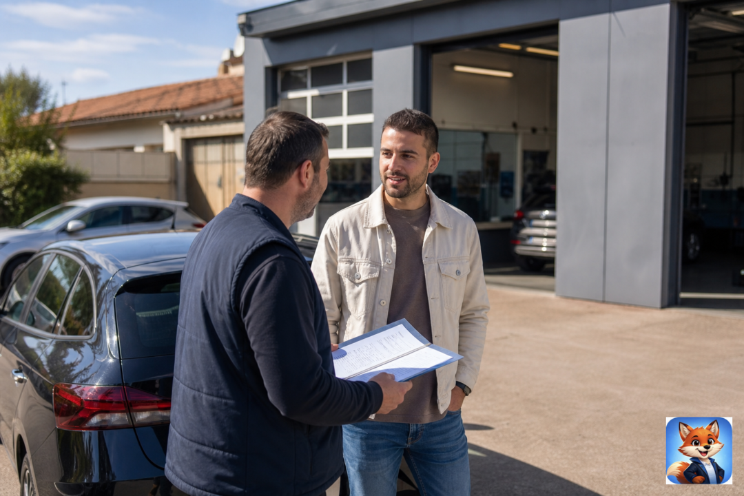 Assurance auto risque aggravé Brignac : humains visibles, voiture et dossier assurance en contexte réaliste Hérault, IZO officiel discret