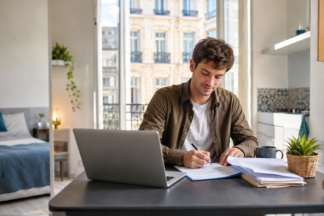 Étudiant dans un studio à Montpellier préparant son dossier d’assurance habitation