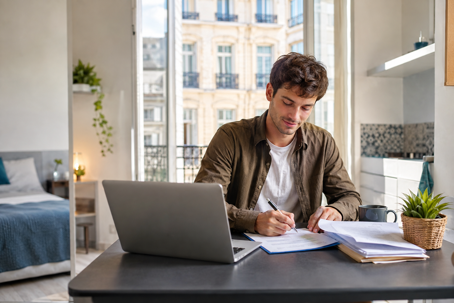 Étudiant dans un studio à Montpellier préparant son assurance habitation