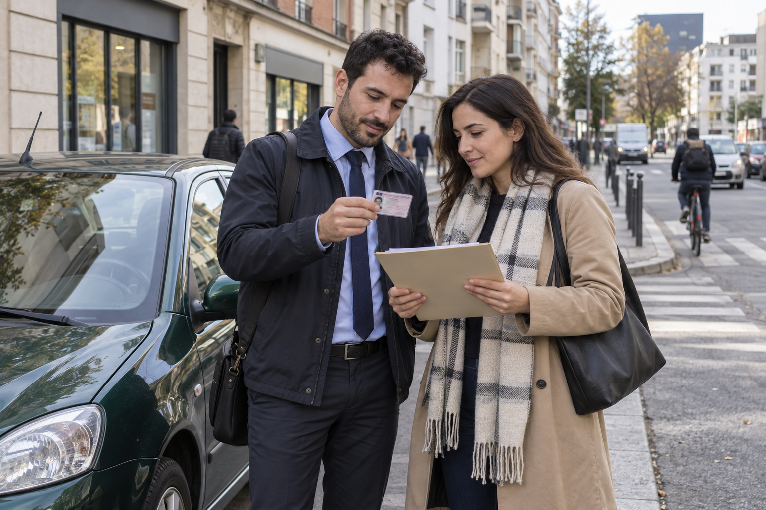 Assurance auto permis étranger à Aubervilliers : illustration fictive avec personnes, véhicule et dossier assurance