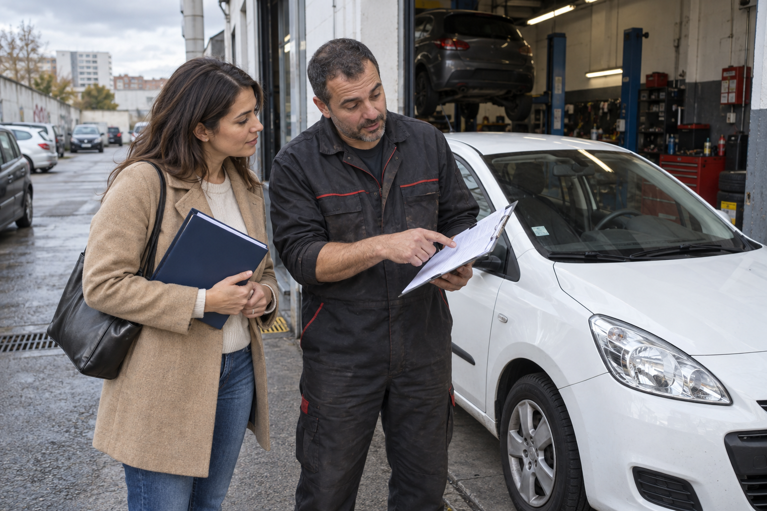 Assurance auto provisoire à Aubervilliers : illustration fictive avec personnes, véhicule et dossier assurance
