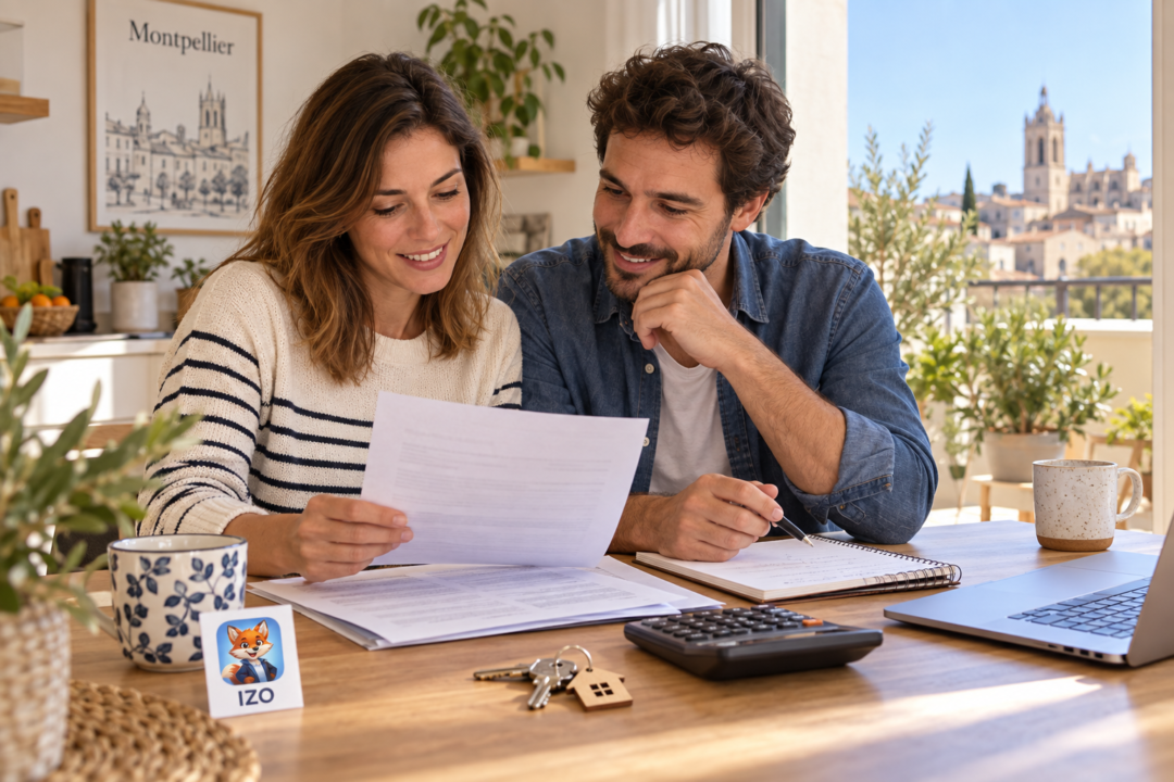 Couple étudiant son budget de crédit immobilier à Montpellier, avec IZO officiel discret