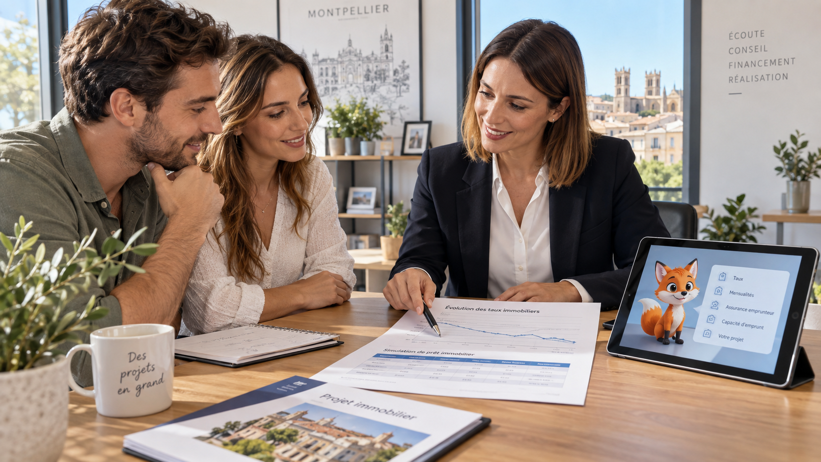 Conseiller Izor présentant un baromètre des taux immobiliers avec IZO, agent virtuel d’Izor, visible sur l’écran