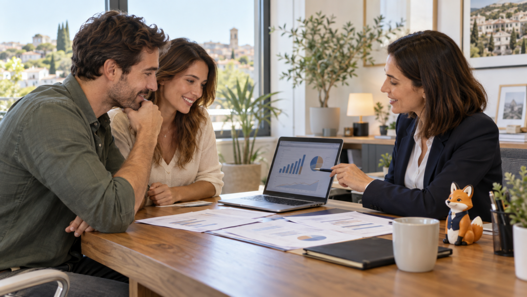 Couple examinant des documents de financement immobilier avec une conseillère