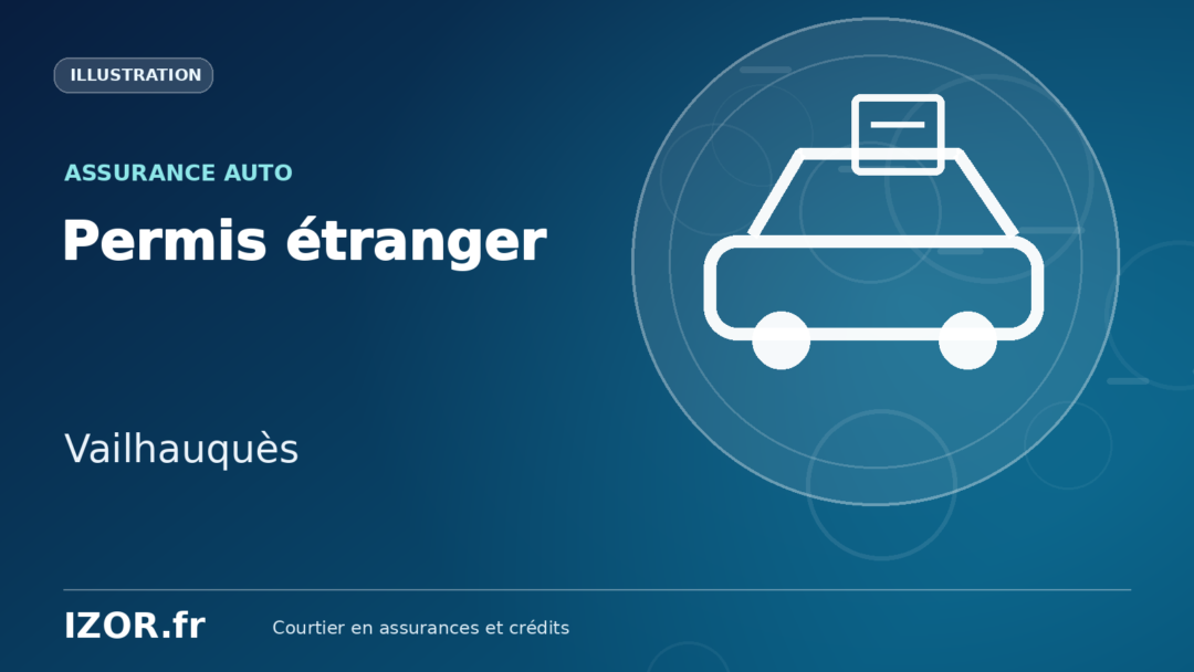 Illustration graphique d’une assurance auto avec permis étranger à Vailhauquès, montrant une voiture et un document.