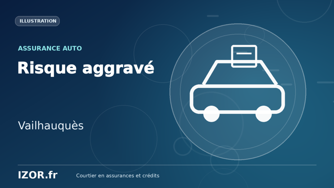Illustration IZOR « Risque aggravé — Vailhauquès » avec un pictogramme de voiture et de document.