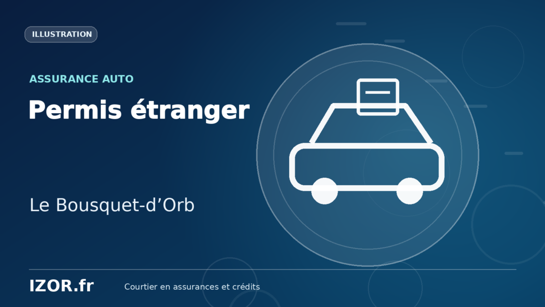 Illustration IZOR « Permis étranger — Le Bousquet-d’Orb » avec un pictogramme de voiture et de document.