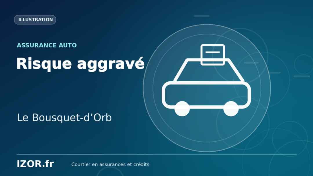 Illustration IZOR « Risque aggravé — Le Bousquet-d’Orb » avec un pictogramme de voiture et de document.