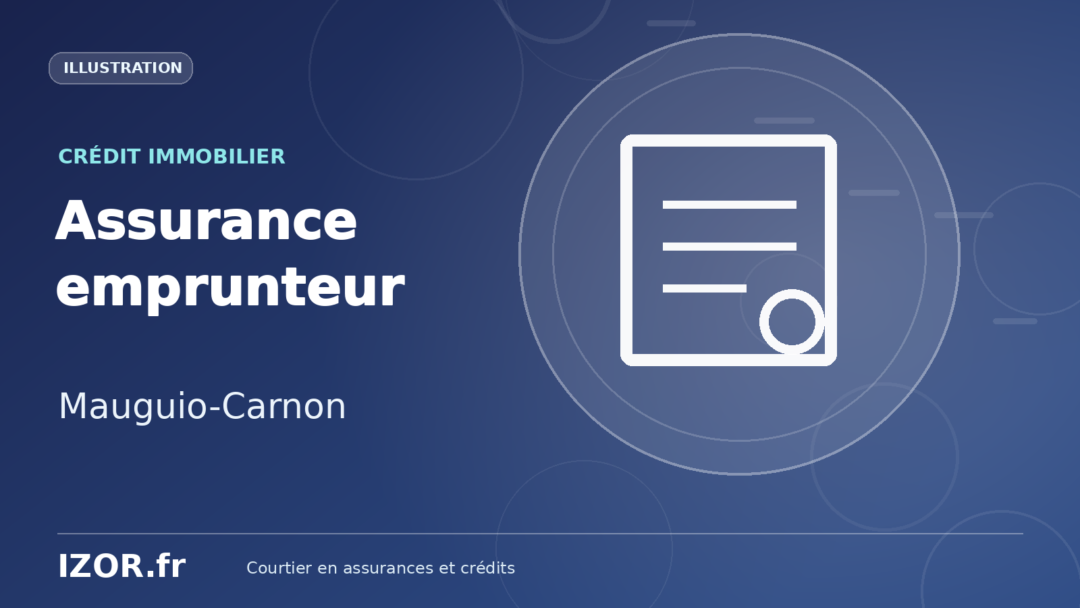 Illustration IZOR « Assurance emprunteur — Mauguio-Carnon » avec un pictogramme de dossier de prêt.