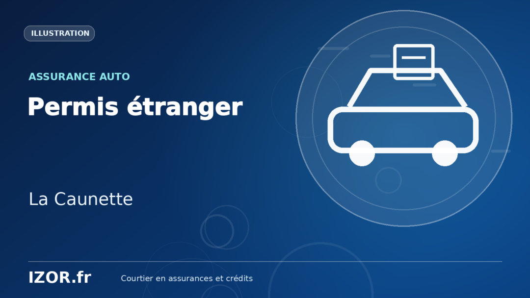 Illustration IZOR « Permis étranger — La Caunette » avec un pictogramme de voiture et de document.