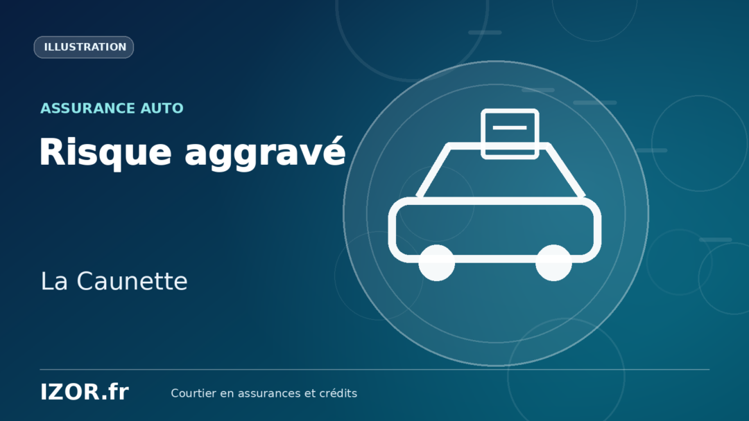 Illustration IZOR « Risque aggravé — La Caunette » avec un pictogramme de voiture et de document.