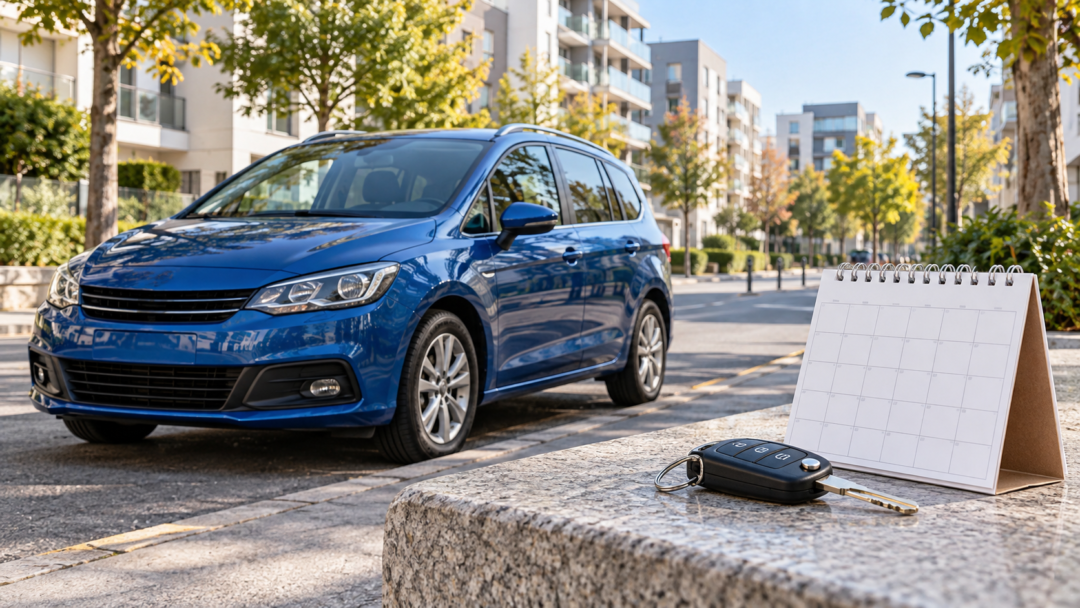 Voiture bleue stationnée, clés et calendrier pour illustrer une assurance auto provisoire à Sarcelles