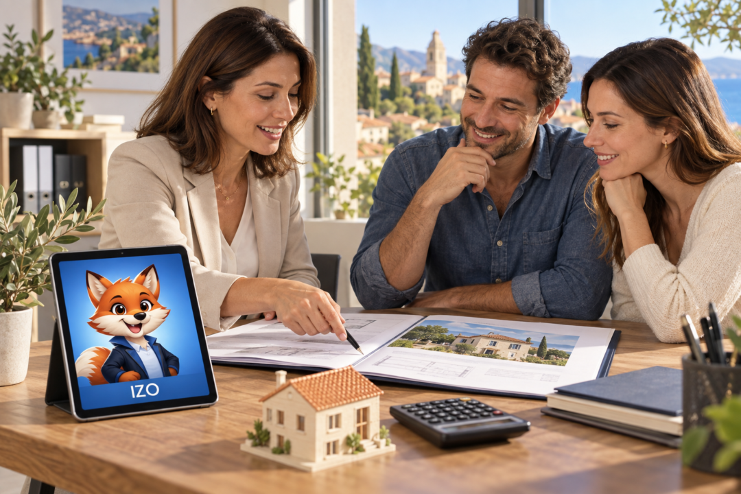 Conseillère et couple étudiant un crédit immobilier, avec IZO, agent virtuel d’Izor, visible sur une tablette