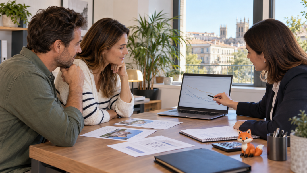 IZO, agent virtuel d’Izor, accompagne un couple lors d’une analyse des taux de crédit immobilier à Montpellier