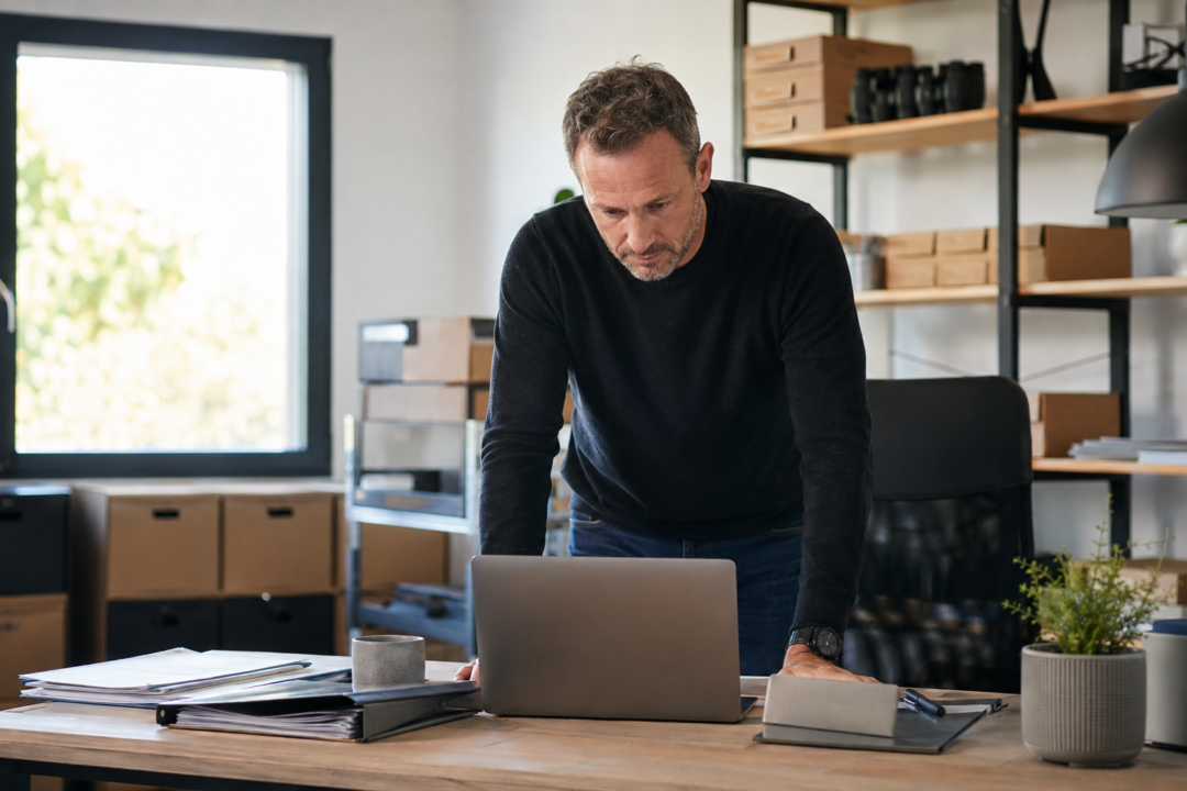 Un professionnel consulte un ordinateur dans un local équipé.