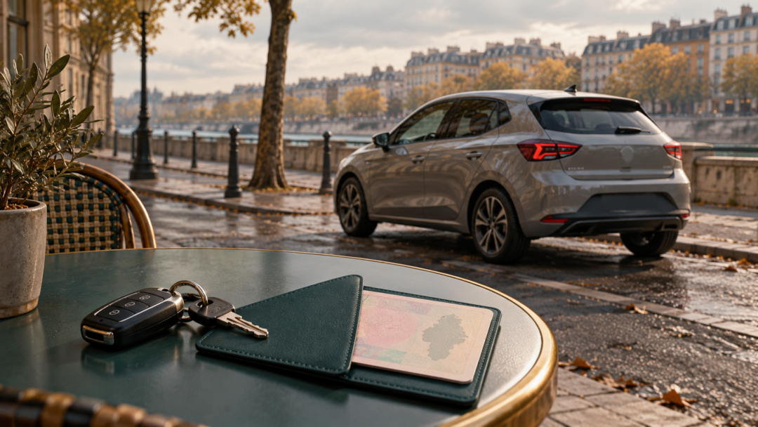 Clés de voiture et pochette de permis stylisé près d’une voiture en ville