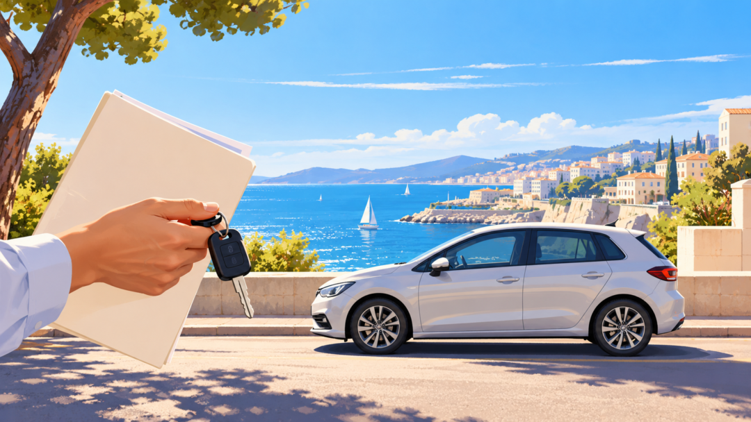 Voiture en bord de mer et main tenant des clés près d’une pochette