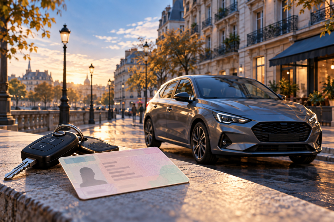Clés de voiture et permis stylisé devant une voiture en ville