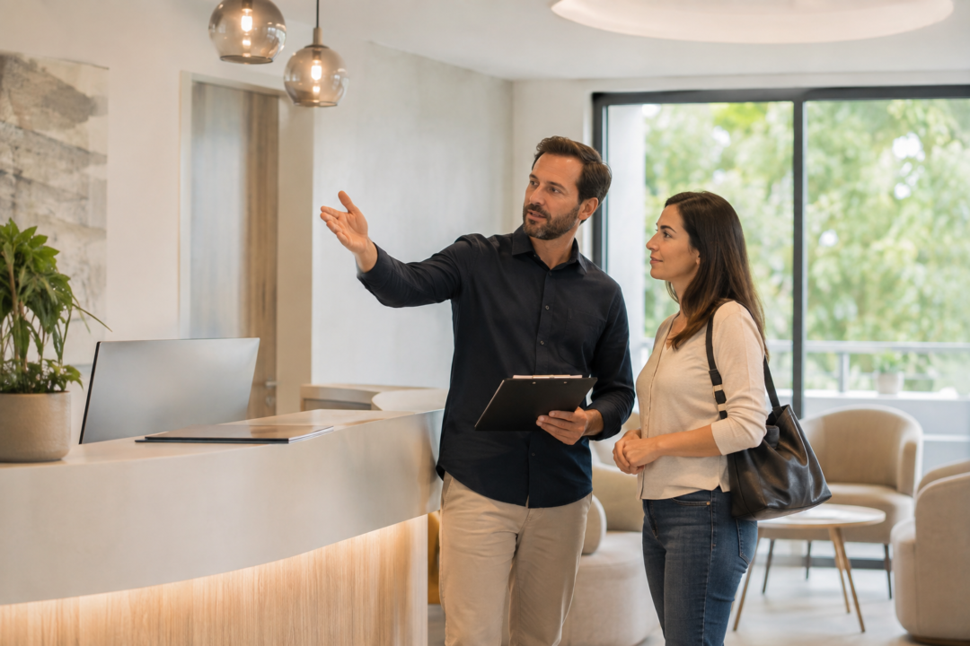 Un professionnel échange avec une cliente dans des locaux.