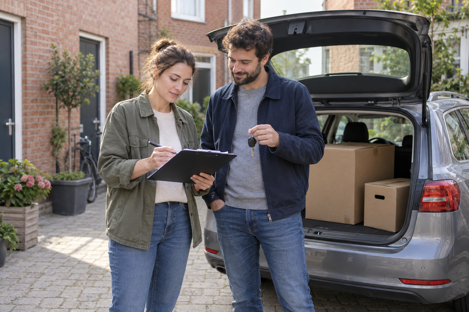 Assurance auto provisoire à Montreuil : illustration fictive avec personnes, véhicule et dossier assurance
