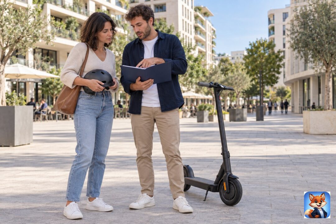 Deux adultes vérifient un dossier près d’une trottinette électrique à l’arrêt, avec un casque et IZO officiel.