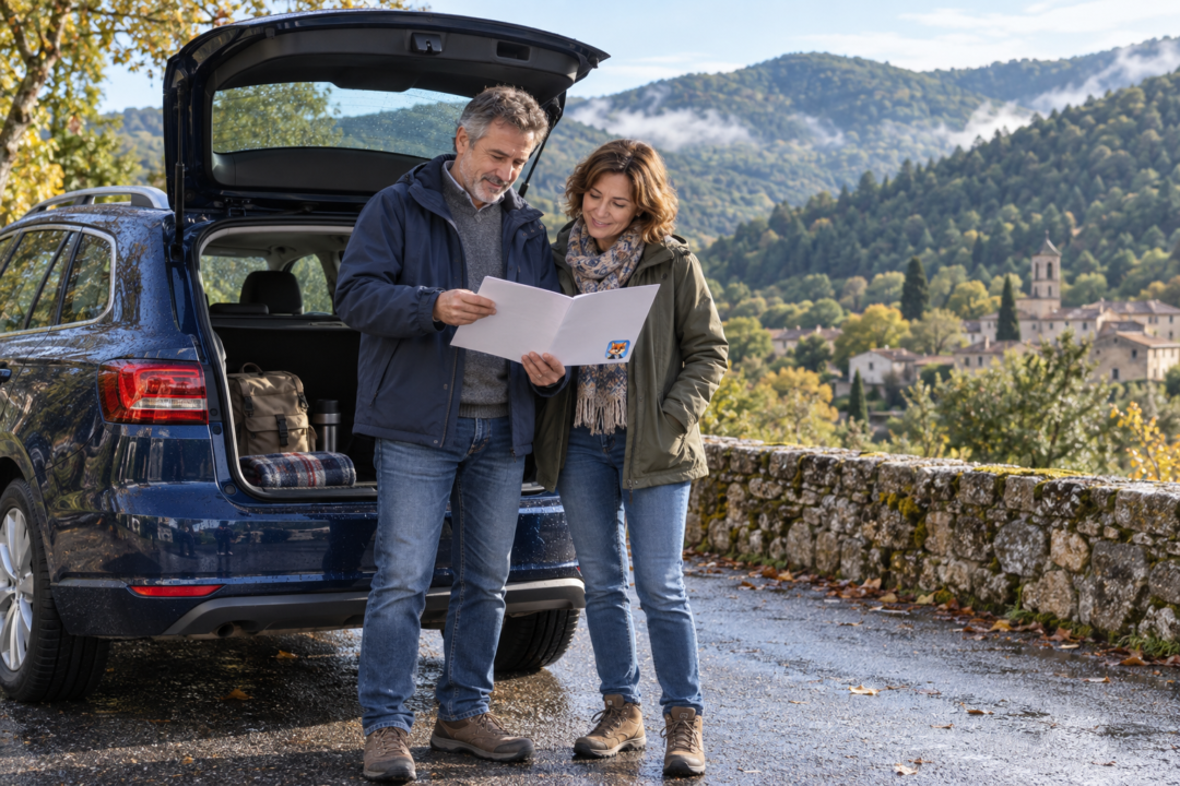 Assurance auto risque aggravé Rosis : scène illustrative avec adultes et IZO officiel dans le Haut-Languedoc