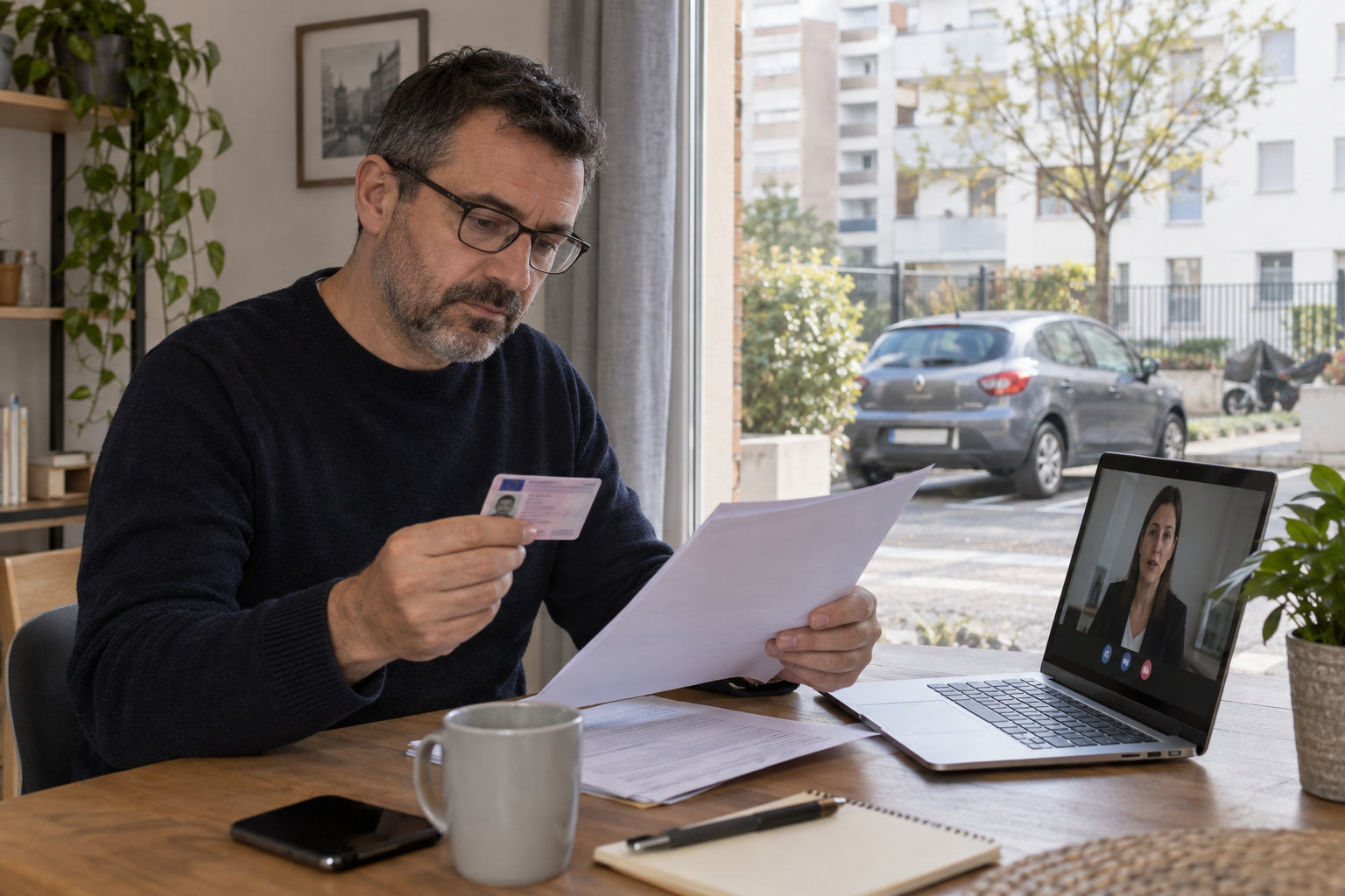 Assurance auto permis étranger à Saint-Denis : illustration fictive avec personnes, véhicule et dossier assurance