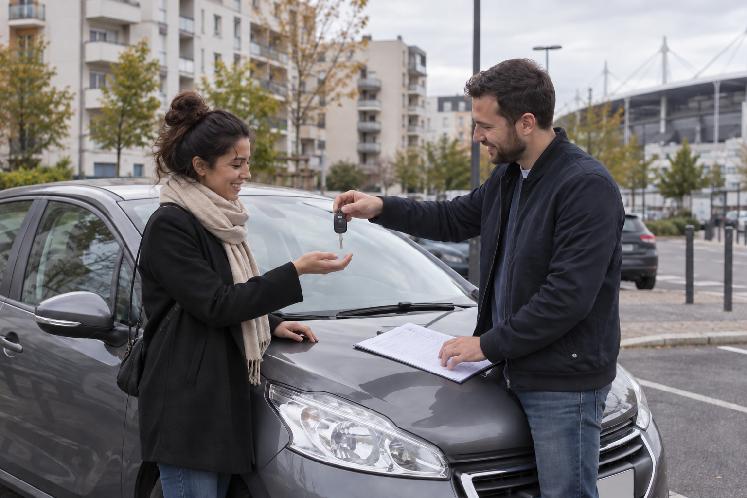 Assurance auto provisoire à Saint-Denis : illustration fictive avec personnes, véhicule et dossier assurance
