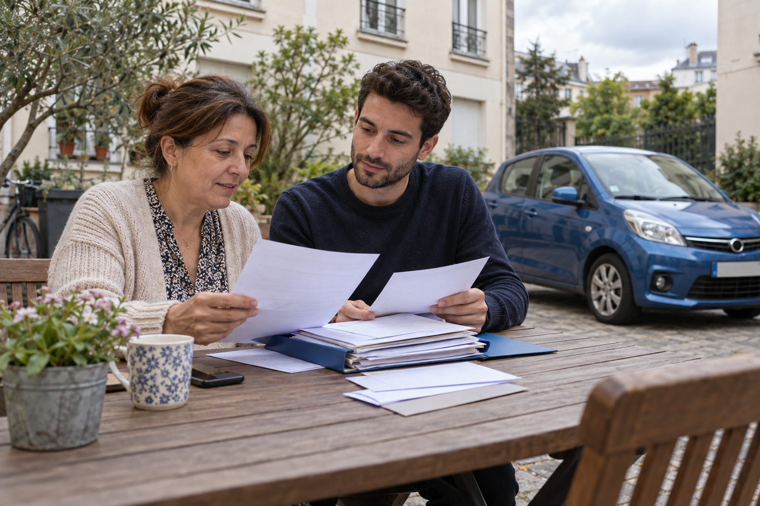 Assurance auto risque aggravé à Saint-Denis : illustration fictive avec personnes, véhicule et dossier assurance