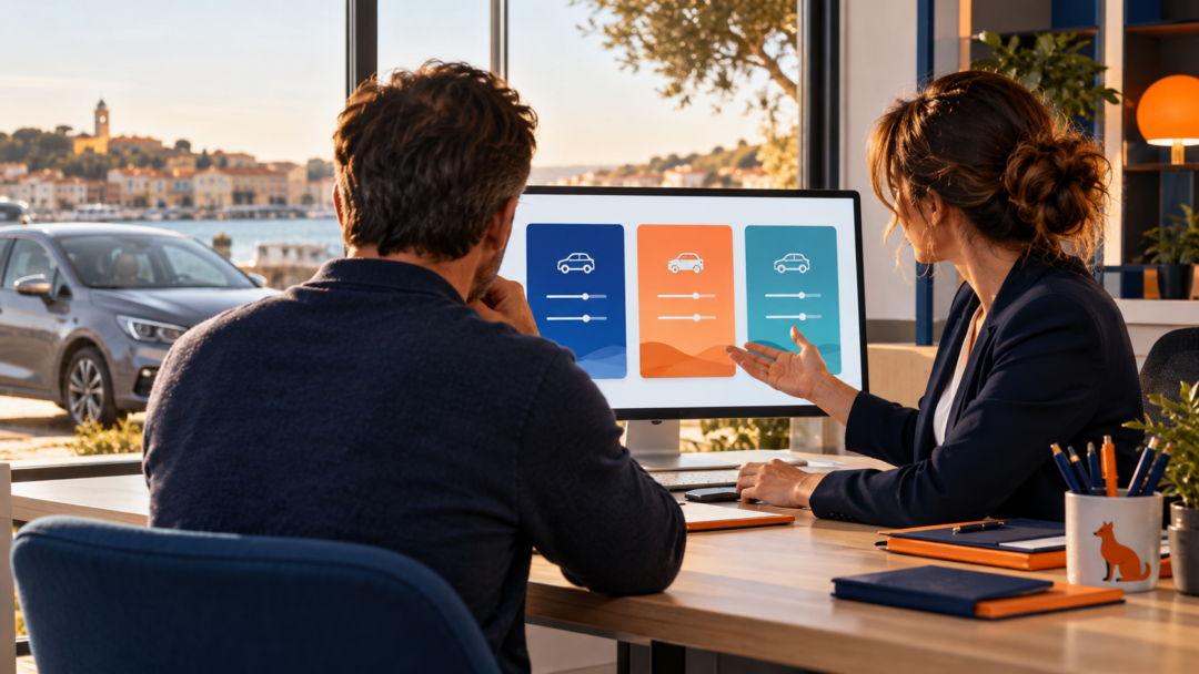 Conseillère présentant plusieurs options d’assurance auto à risque aggravé, illustration pour Mèze