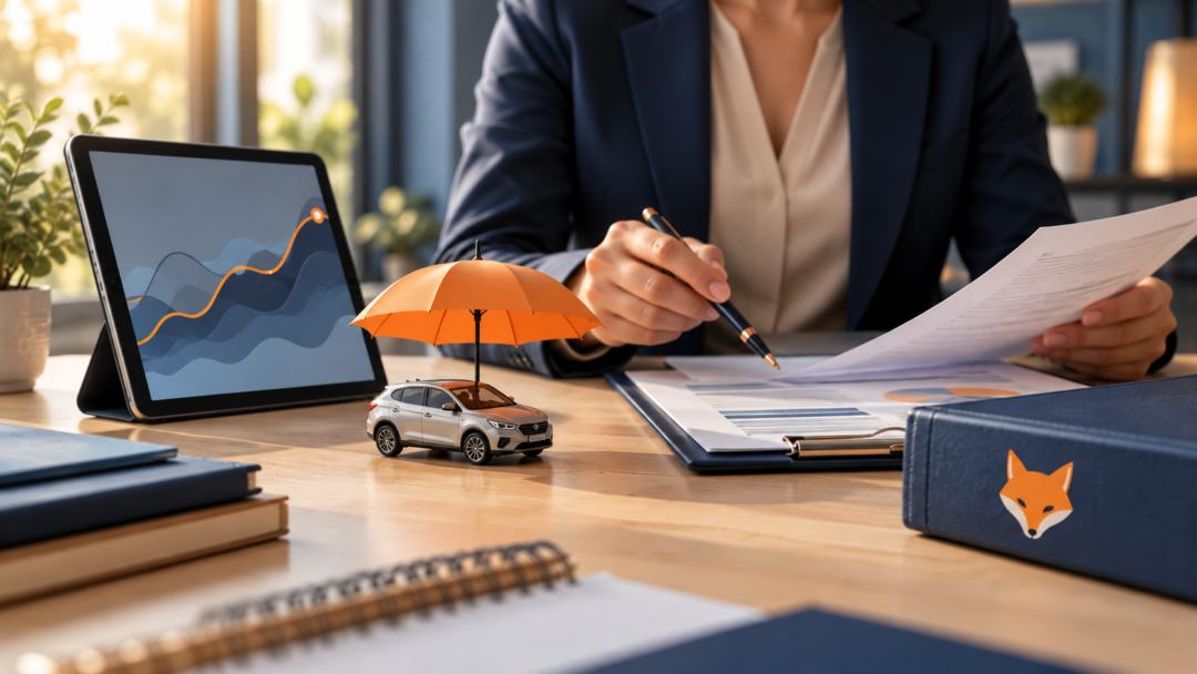 Conseillère analysant un dossier auto à risque aggravé avec tablette et voiture miniature, illustration pour Le Crès
