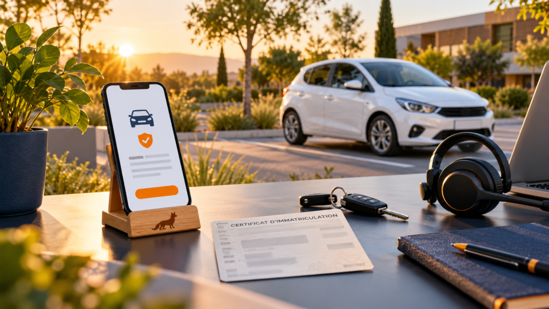 Smartphone, clés et voiture pour une demande d’assurance auto provisoire à distance, illustration pour Vendargues