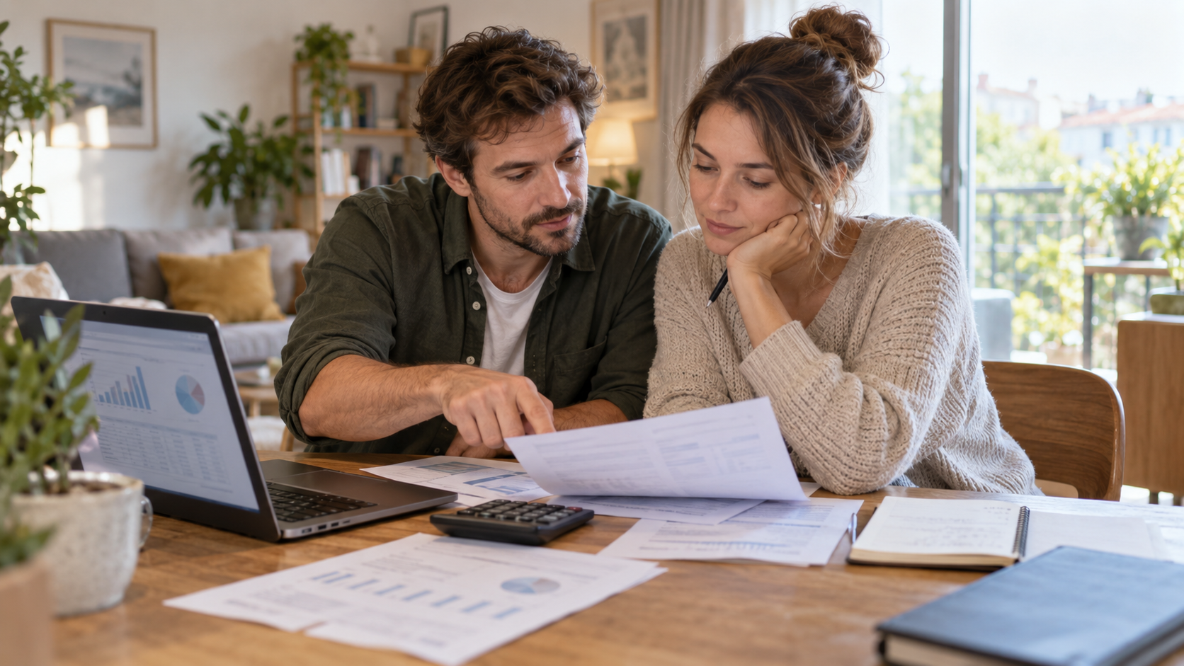 Couple examinant son budget et son épargne pour préparer un apport immobilier
