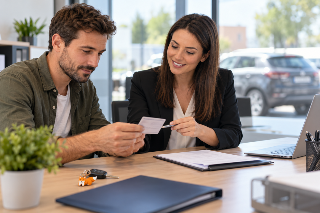 Conducteur et conseillère examinant un document de conduite — illustration pour l’assurance auto avec permis étranger à Baillargues