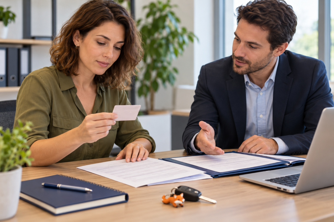 Conductrice et conseiller examinant une carte de conduite et un dossier — illustration pour l’assurance auto avec permis étranger à Boisseron