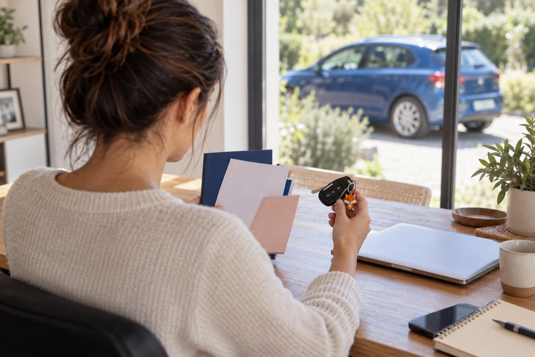 Conductrice examinant des documents vierges et des clés de voiture, illustration d’un permis étranger à assurer